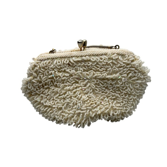 Vintage Beaded Evening Bag Ivory Sequin Gold Satin Interior Wedding Formal 1960s - Picture 4 of 15